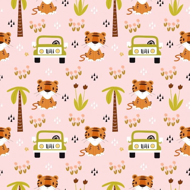 Vector cute tiger and car in safari seamless pattern