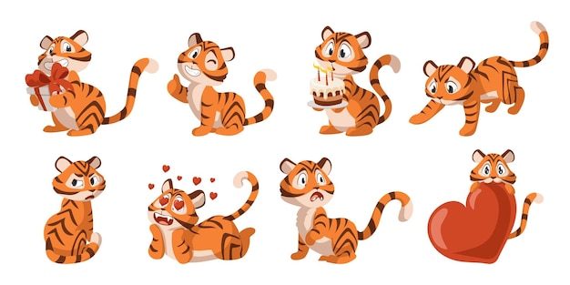 귀여운 호랑이 만화 사랑스러운 새끼 고양이 마스코트 아이들을 위한 재미있는 줄무늬 야생 동물 그림 2022년 또는 발렌타인 휴일 기호 선물과 생일 케이크가 있는 격리된 고양이 벡터 고양이 세트