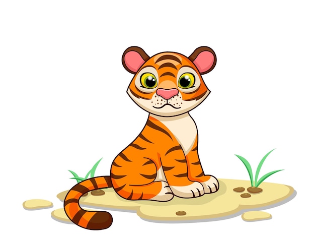 白い背景の上のかわいい虎漫画のキャラクター。面白い動物と子供、赤ちゃんのベクトルアートイラスト