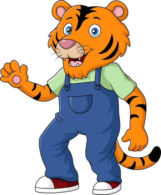 Cute tiger cartoon in clothes waving hand