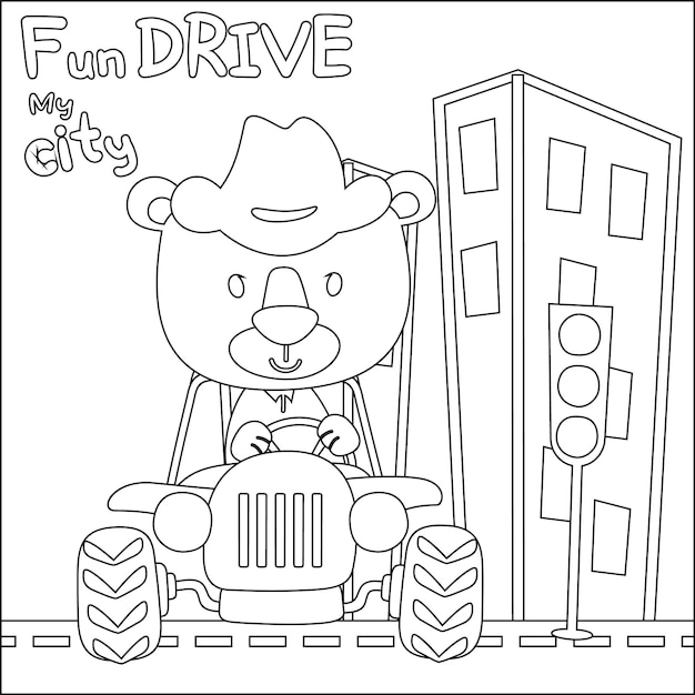 Cute tiger cartoon having fun driving off road car on sunny day Cartoon isolated vector illustration Creative vector Childish design for kids activity colouring book or page