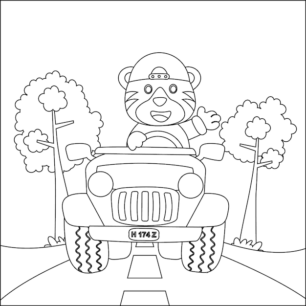 Cute tiger cartoon having fun driving off road car on sunny day colouring book or page