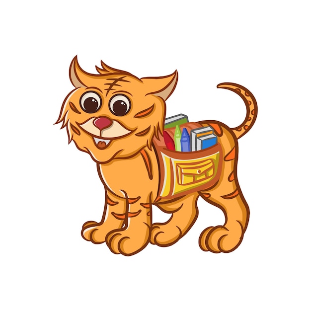 Cute tiger cartoon illustration design carrying colored pencils and drawing book