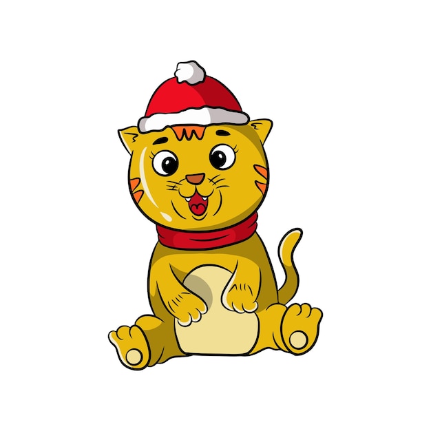 милый тигр мультяшный дизайн иллюстрации счастливого празднования Рождества в шляпе Санты