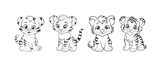 Vector cute tiger cartoon line art coloring page for kids baby tiger animal coloring book illustration