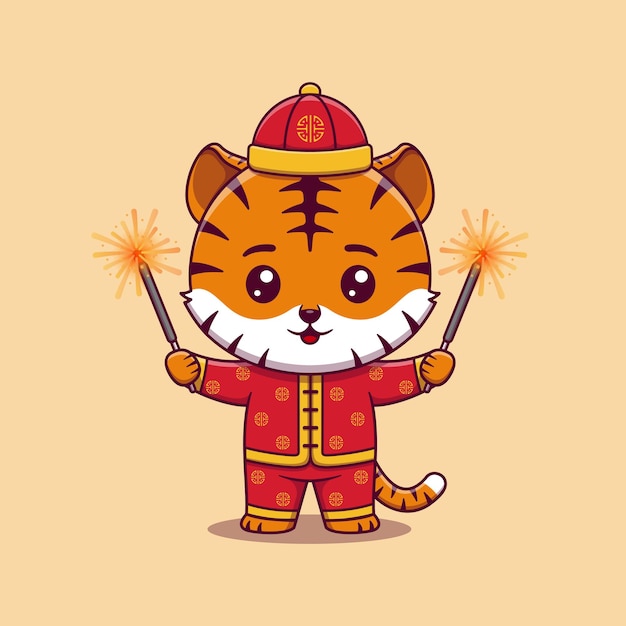 cute tiger celebrate chinese new year holding fireworks stick