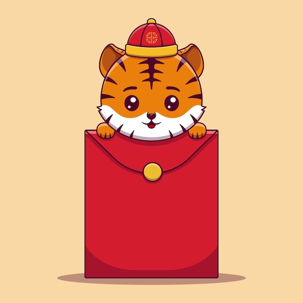 Vector cute tiger celebrate chinese new year holding red envelope