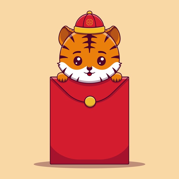 Vector cute tiger celebrate chinese new year holding red envelope