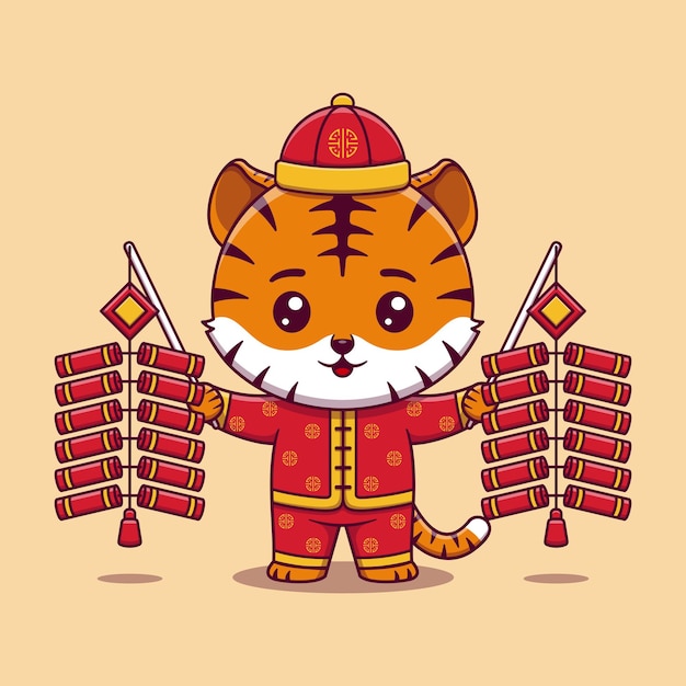 cute tiger celebrate chinese new year holding red firecracker