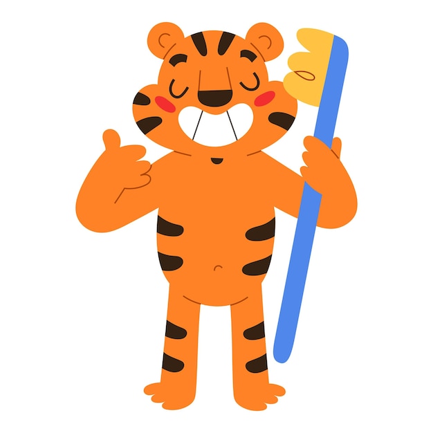 Вектор Симпатичный тигр чистит зубы держит векторную иллюстрацию зубной щетки
