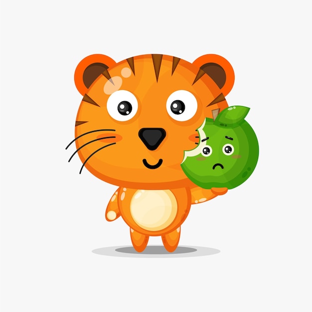 Vector cute tiger character carrying green apple