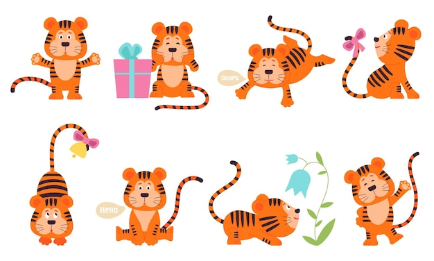 귀여운 호랑이 문자 새해 호랑이 아기 중국어 기호 격리 된 정글 고양이 만화 야생 동물 유치 스티커 괜찮은 벡터 세트