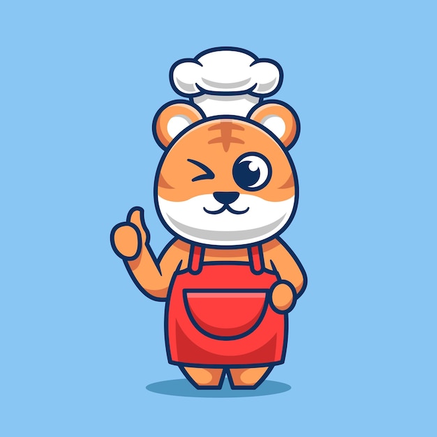 Cute Tiger chef with thumbs up cartoon vector illustration Food animals and restaurant icons