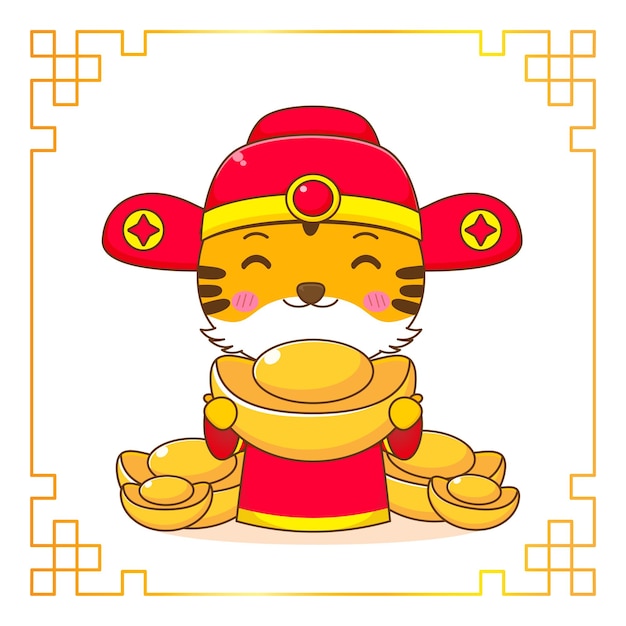 Cute tiger in chinese year costume holding gold ingot