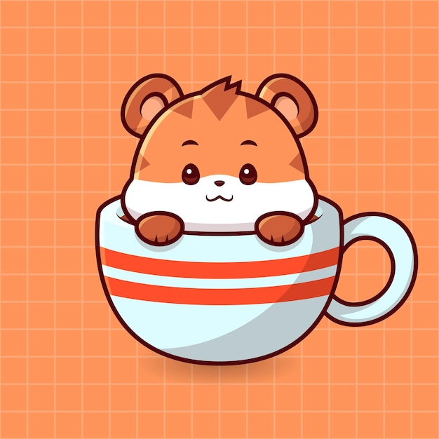 コーヒーマグカップのかわいい虎孤立した漫画動物イラストフラットスタイルステッカーアイコンベクトル