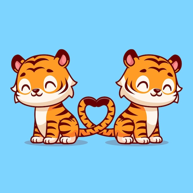 Cute tiger couple with love heart tail cartoon vector icon illustration animal nature icon isolated