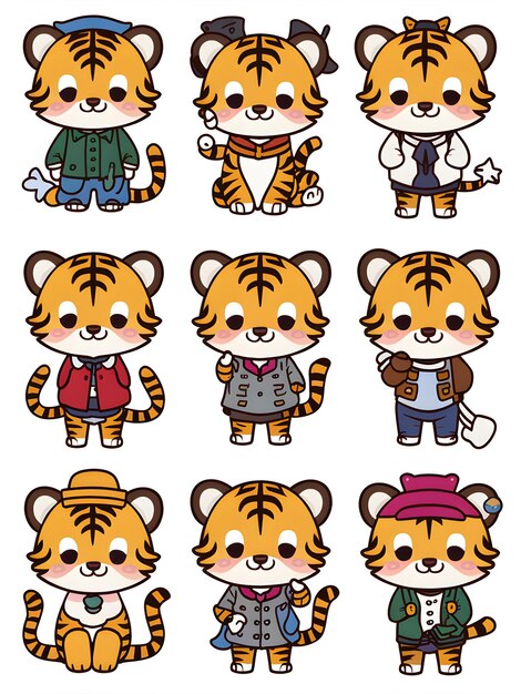 Vector cute tiger cub collection 9piece cute kawaii tiger cub sticker set for instant download