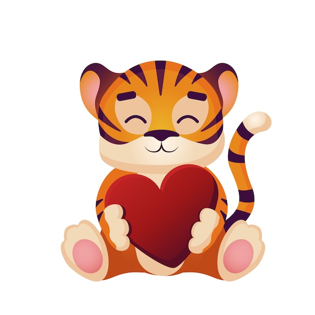 Cute tiger cub hugs a red heart