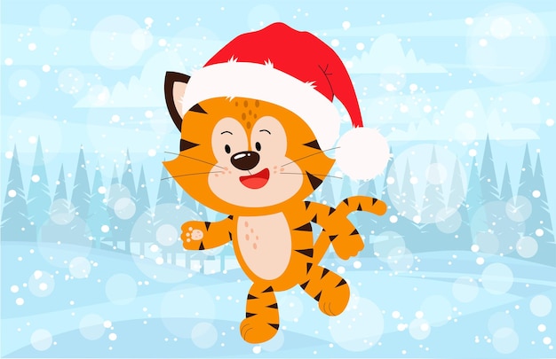 A cute tiger cub runs in a red hat Christmas card with calligraphic holiday wishes