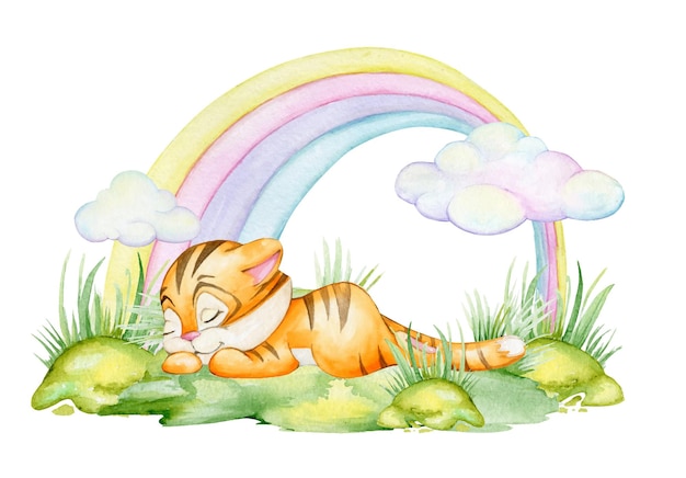 Simpatico cucciolo di tigre, che dorme sull'erba, sullo sfondo di un arcobaleno. un concetto di acquerello su uno sfondo isolato.