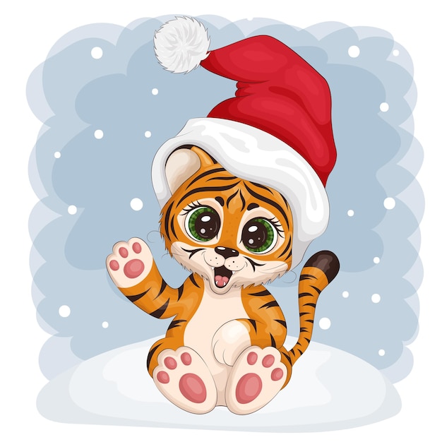 Cute tiger cub, symbol of the new year 2022, wearing a santa hat. sits on a snowdrift and waves hello. postcard, print for clothes, dishes, textiles. vector illustration eps10.