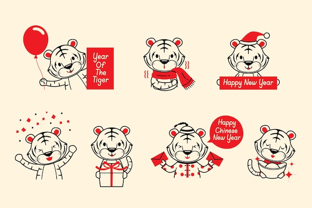 Cute Tiger In Different Postures Set, Outline, Year Of The Tiger, Happy Chinese New Year