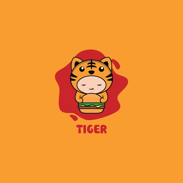 Vettore disegno del logo della mascotte dell'hamburger della bambola della tigre sveglia