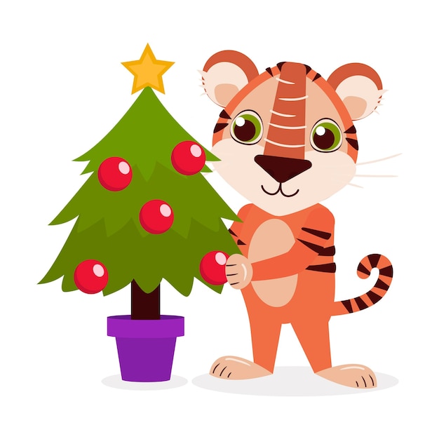 Cute tiger dresses up a Christmas tree with balloons and a star