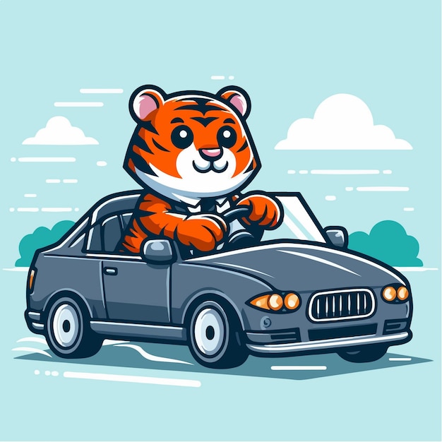 Милый тигр, управляющий автомобилем, персонаж мультфильма