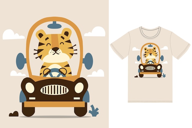 Cute tiger driving car illustration with tshirt design premium vector