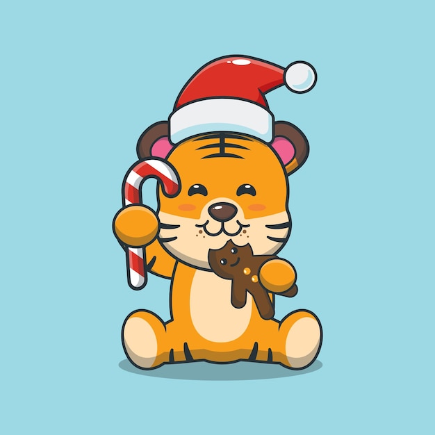 クリスマスのクッキーとキャンディーを食べるかわいい虎かわいいクリスマスの漫画イラスト