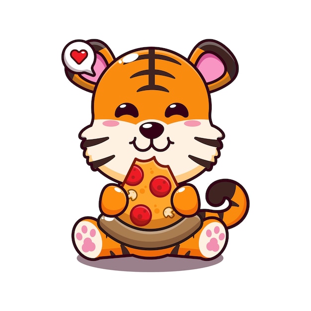 ベクトル ピザを食べているかわいい虎アニメのベクトルイラスト