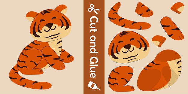 Simpatico gioco di carta per l'educazione della tigre per bambini taglia e incolla l'illustrazione vettoriale