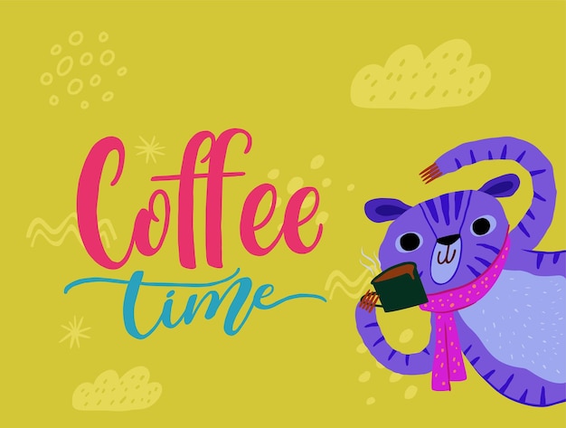 Vettore tigre carina godendo con l'illustrazione del caffè