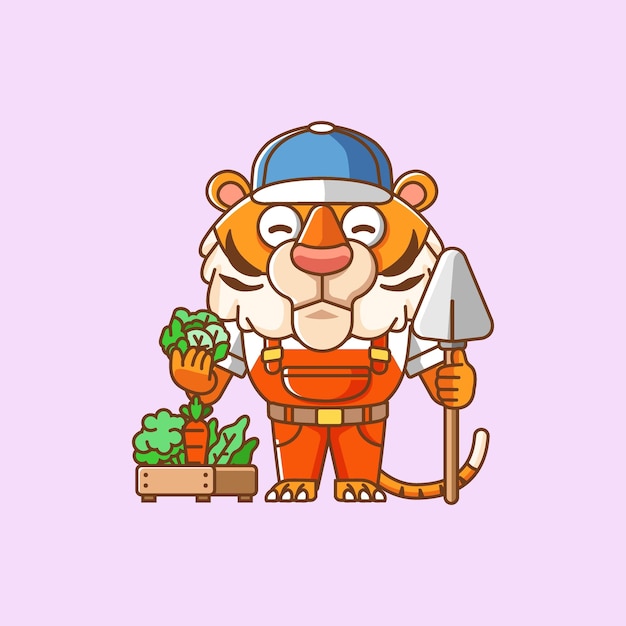 Vector cute tiger farmers harvest fruit and vegetables animal character mascot icon flat style illustration