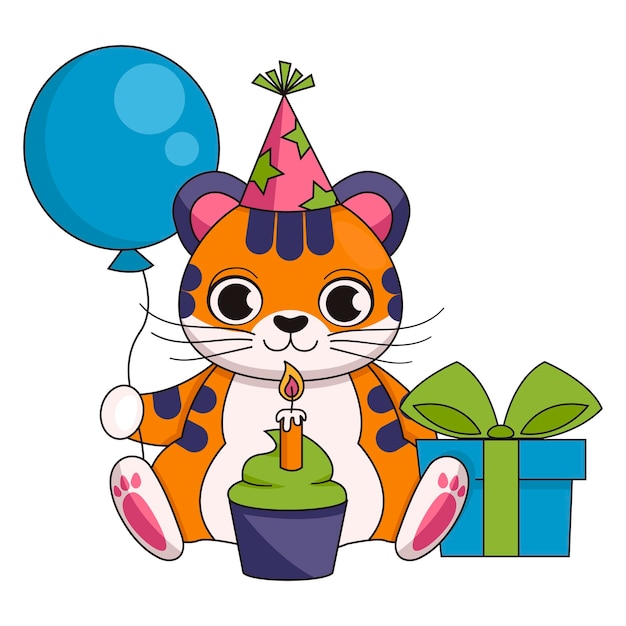 Vector cute tiger in a festive cap with a cupcake and a burning candle a gift and balloon happy birthday