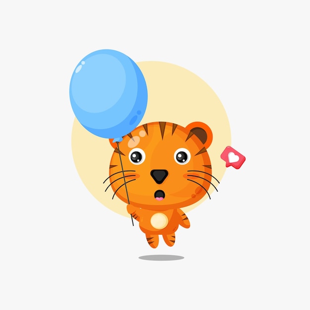 Cute tiger floating with balloon illustration