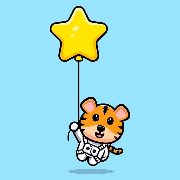 Милый тигр, плавающий со звездным шаром, мультяшный талисман