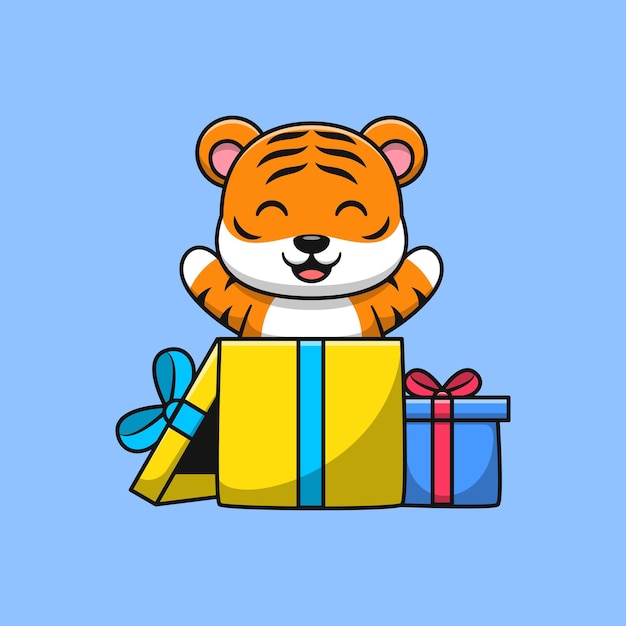 Милый тигр в подарочной коробке. Плоская карикатура