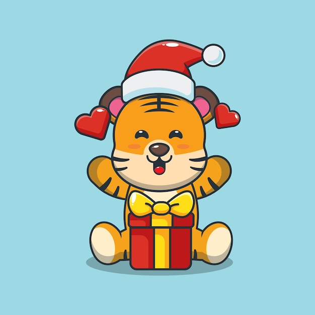 크리스마스 선물에 만족하는 귀여운 호랑이 귀여운 크리스마스 만화 그림