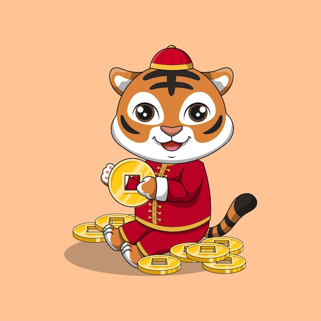Vettore la tigre sveglia tiene la moneta d'oro del fumetto illustrazione dell'icona di vettore del concetto cinese dell'icona del nuovo anno isolato