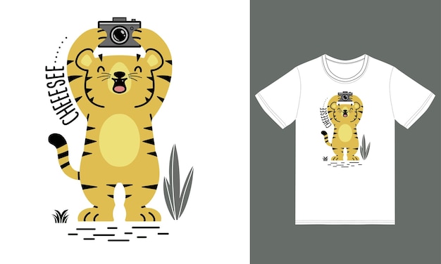 cute tiger holding camera illustration with tshirt design premium vector