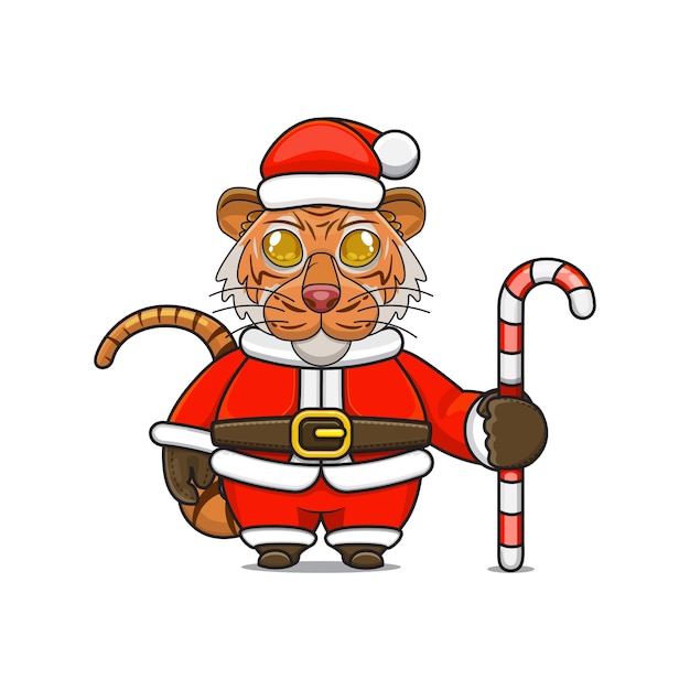 Cute tiger holding candy cane cartoon animal in christmas costume