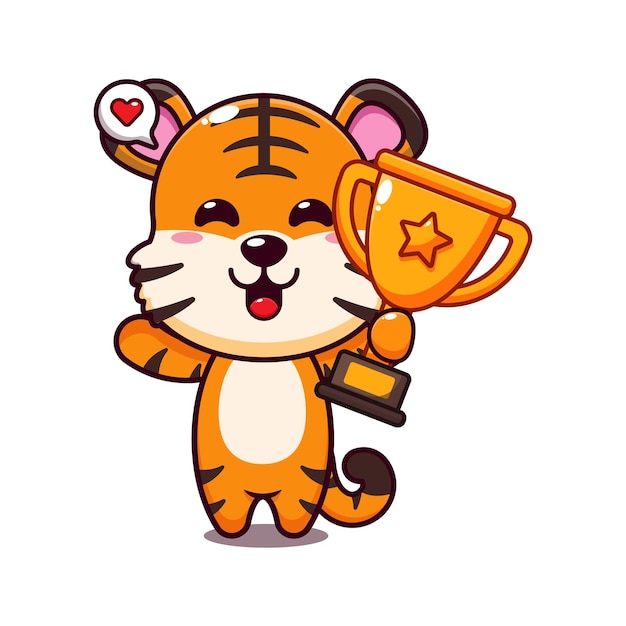 Vettore una tigre carina che tiene in mano la coppa del trofeo d'oro illustrazione vettoriale dei cartoni animati