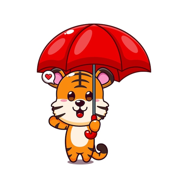 cute tiger holding umbrella cartoon vector illustration