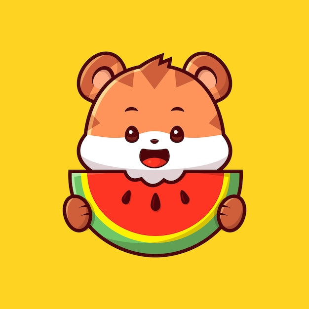 Vector cute tiger holding watermelon cartoon vector icon illustration animal food icon concept isolated premium vector