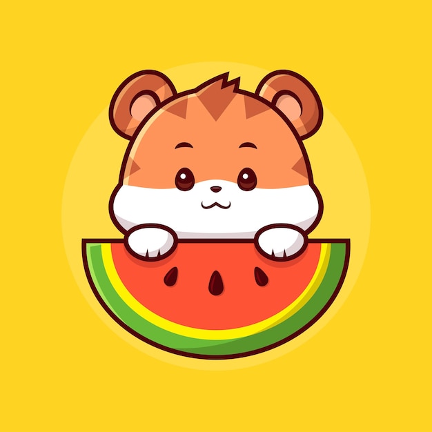 Vector cute tiger holding watermelon cartoon vector icon illustration animal food icon concept isolated premium vector