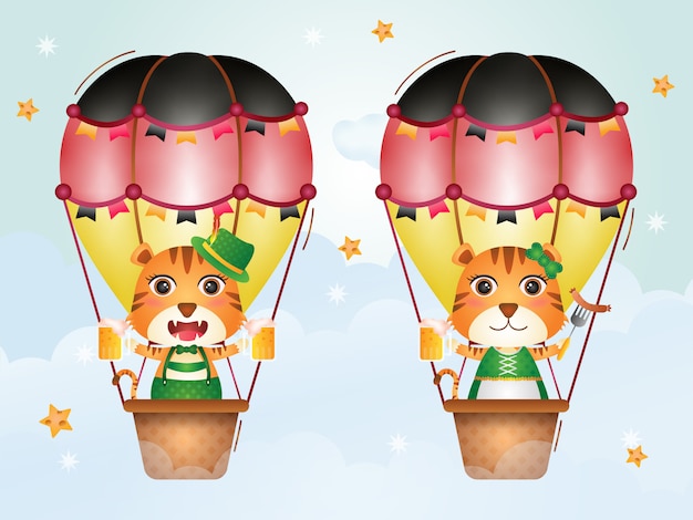 Cute tiger on hot air balloon with traditional oktoberfest dress