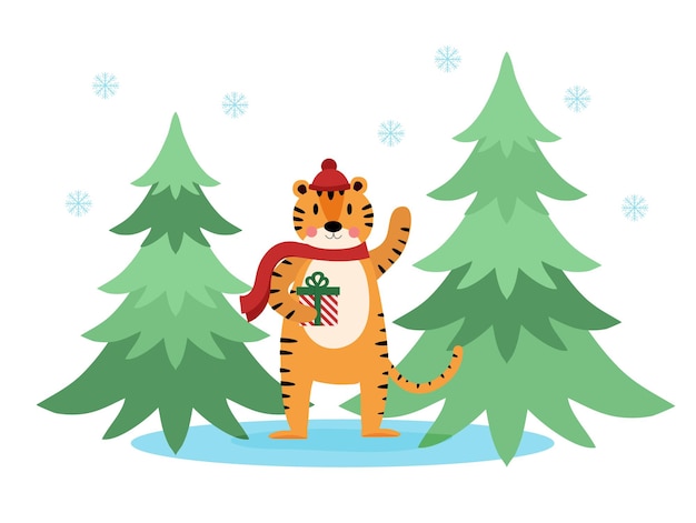 Милый тигр в шапке и шарфе с подарочной коробкой в лапах на земле из елей и снежинок