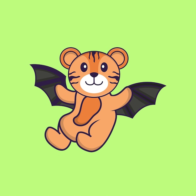 Cute tiger is flying with wings. animal cartoon concept isolated.